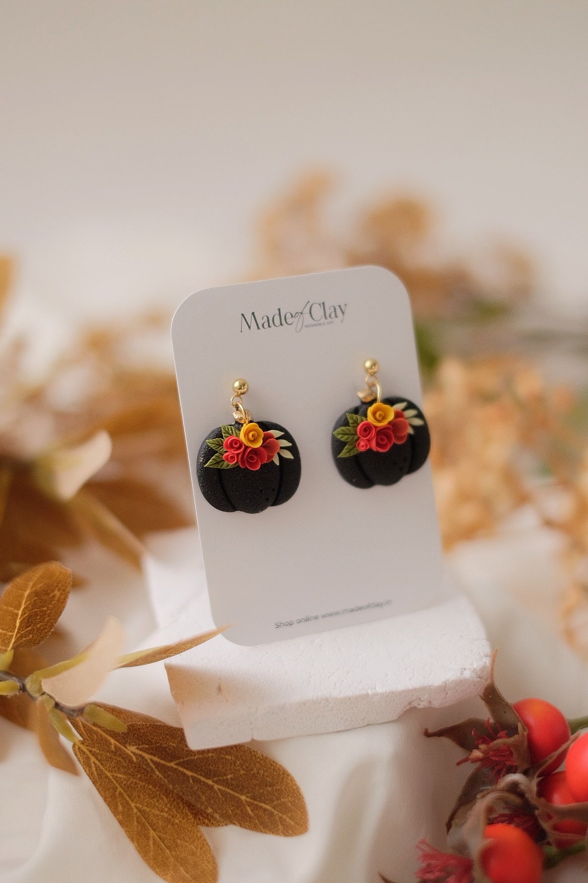 Black Floral Pumpkin Earrings