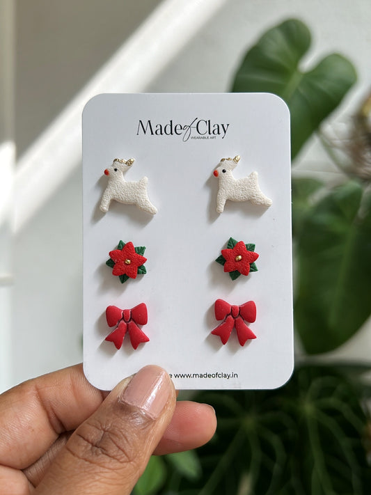Christmas Mini Studs - Reindeer, Poinsettia and Bowtie