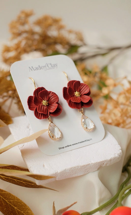 Burgundy Bloom With Crystal Drop Earrings