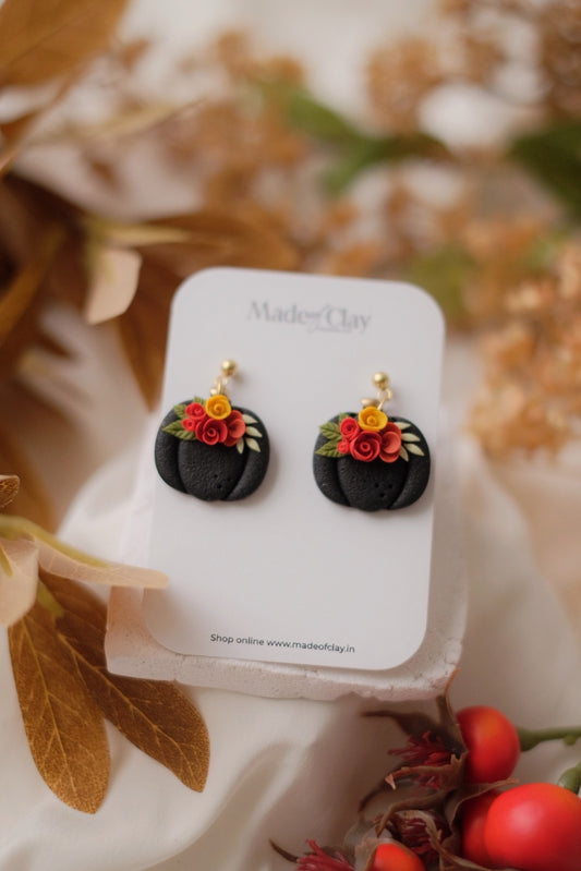 Black Floral Pumpkin Earrings