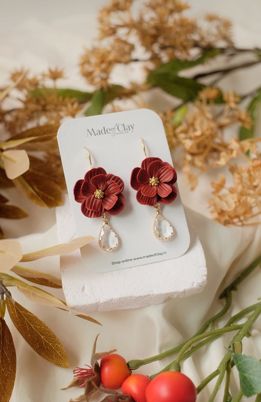 Burgundy Bloom With Crystal Drop Earrings