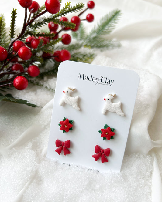 Christmas Mini Studs - Reindeer, Poinsettia and Bowtie